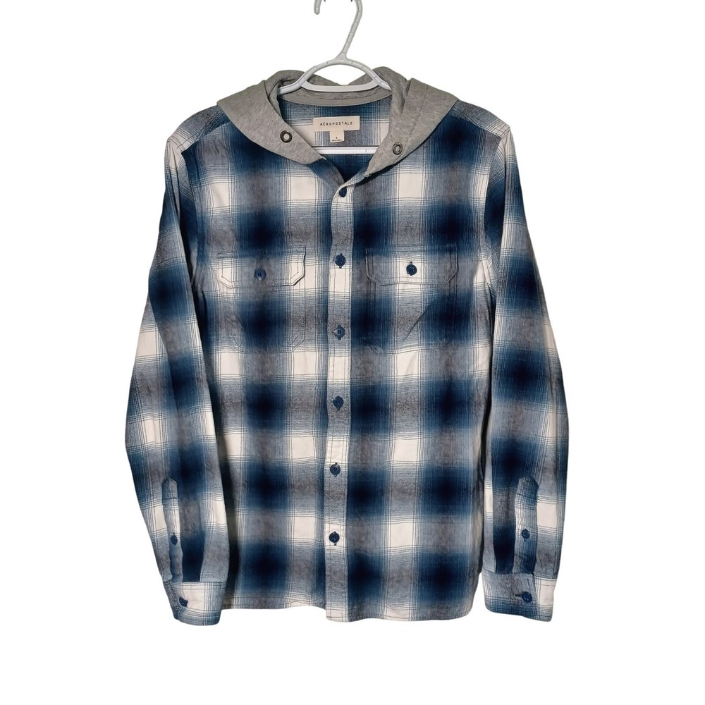 Aeropostale Hooded Flannel Shirt Blue White Plaid Button Down L/S Chest Pocket